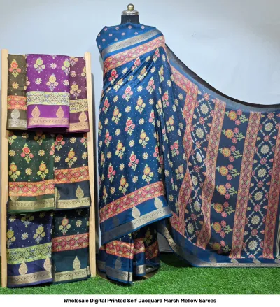 Wholesale Digital Printed Self Jacquard Marsh Mellow Sarees: Dark blue saree with a floral pattern, featuring gold zari borders and intricate weave detailing.