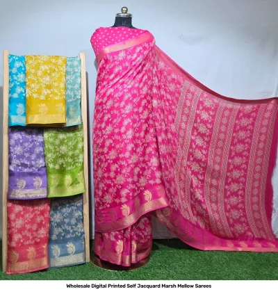 Wholesale Digital Printed Self Jacquard Marsh Mellow Sarees: Fuchsia pink saree featuring an all-over intricate white floral pattern and a gold zari border.