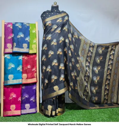 Wholesale Digital Printed Self Jacquard Marsh Mellow Sarees: Black saree with a repeating fan-shaped digital print and a traditional gold zari border.