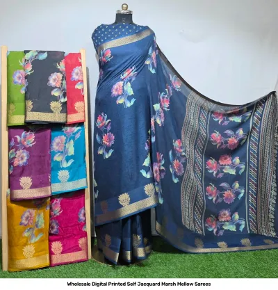 Wholesale Digital Printed Self Jacquard Marsh Mellow Sarees: Dark navy saree with an all-over multi-colored floral digital print and a metallic gold zari border.