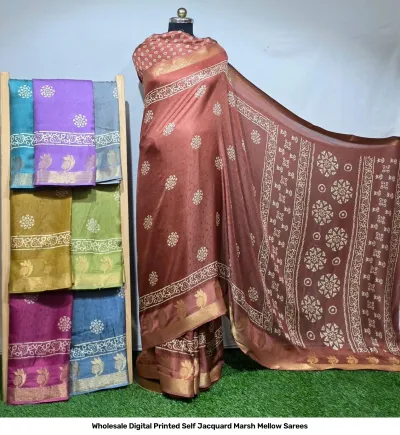 Wholesale Digital Printed Self Jacquard Marsh Mellow Sarees: Earthy brown saree with a repetitive circular floral motif print and a broad zari border.