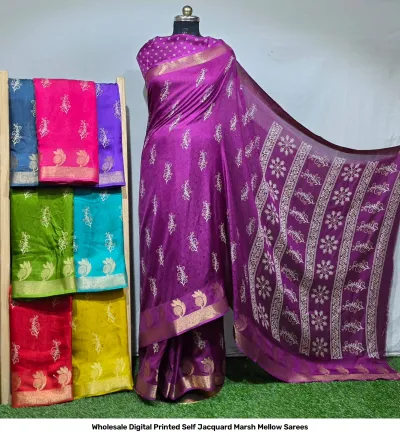 Wholesale Digital Printed Self Jacquard Marsh Mellow Sarees: Deep violet saree with an all-over small floral vine digital print and a gold zari border.