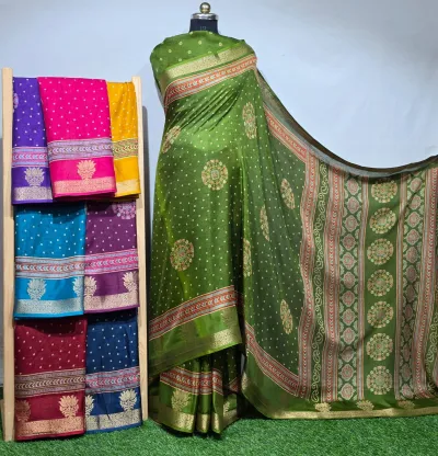 Wholesale Digital Printed Self Jacquard Marsh Mellow Sarees: Olive green saree featuring small dot patterns, a geometric border, and a metallic zari edge.