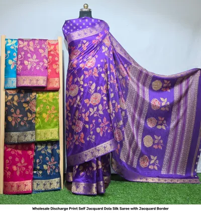 Wholesale Discharge Print Self Jacquard Dola Silk Saree with Jacquard Border: Purple saree, floral rose discharge print, self-jacquard pattern, gold zari-work border.