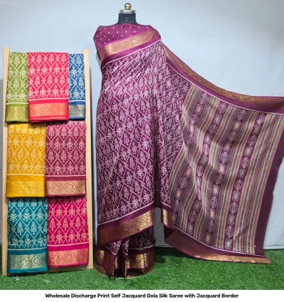 Wholesale Discharge Print Self Jacquard Dola Silk Saree with Jacquard Border: Dark purple saree, diamond-patterned discharge print, self-jacquard, gold zari-work border.