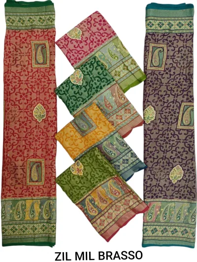 Wholesale Dull Moss Brasso Sarees: Catalog collage showing multi-colored sarees with paisley patterns and traditional borders.