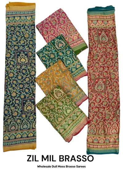 Wholesale Dull Moss Brasso Sarees: Catalog collage showing multi-colored sarees with ornate paisley and floral prints and traditional borders.