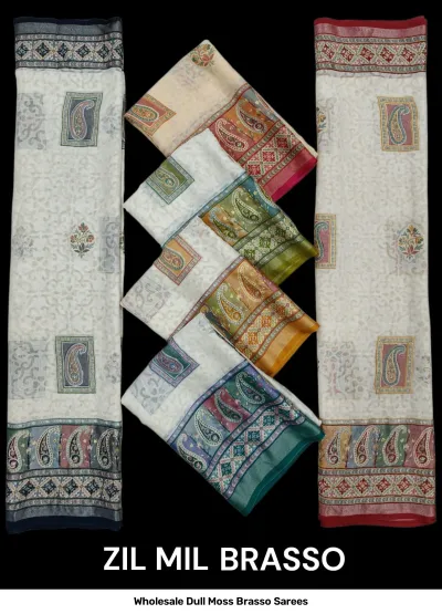 Wholesale Dull Moss Brasso Sarees: Catalog collage showing multi-colored sarees with white base, paisley motifs, and ornate borders.