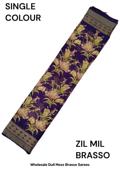 Wholesale Dull Moss Brasso Sarees: Dark navy blue saree with light floral patterns and gold-toned border.