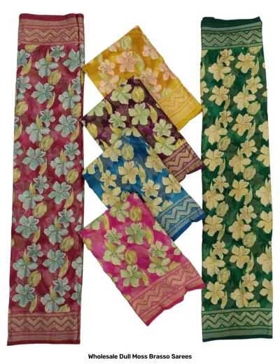 Wholesale Dull Moss Brasso Sarees: Catalog collage showing multi-colored sarees featuring floral patterns and chevron-style borders.