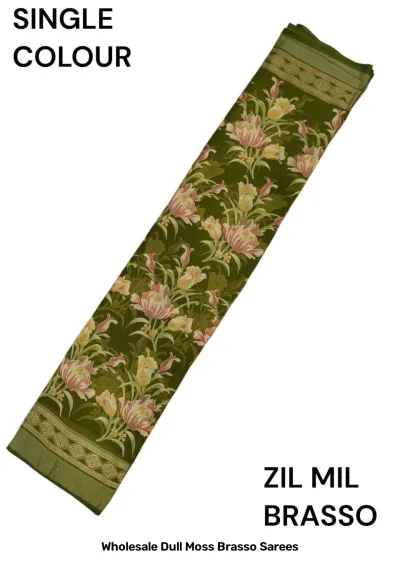 Wholesale Dull Moss Brasso Sarees: Olive green saree with light floral patterns and gold-toned border.