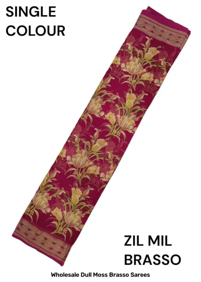 Wholesale Dull Moss Brasso Sarees: Magenta pink saree with light floral patterns and gold-toned border.