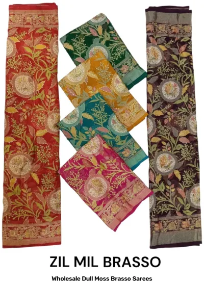 Wholesale Dull Moss Brasso Sarees: Catalog collage showing multi-colored sarees with circular peacock-inspired patterns and decorative borders.