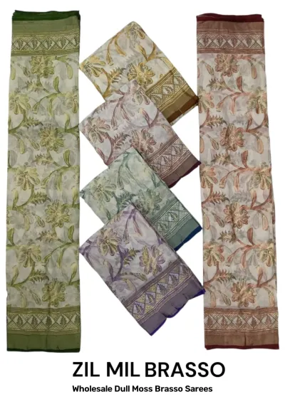 Wholesale Dull Moss Brasso Sarees: Catalog collage showing multi-colored sarees with light floral patterns and detailed woven borders.