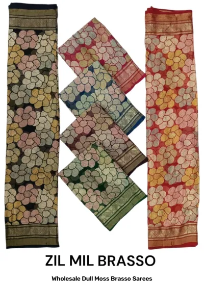 Wholesale Dull Moss Brasso Sarees: Catalog collage showing multi-colored sarees with repeating floral flower patterns and decorative borders.