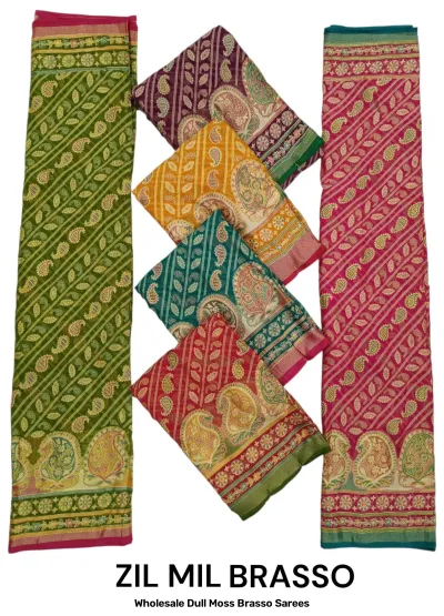 Wholesale Dull Moss Brasso Sarees: Catalog collage showing multi-colored sarees with diagonal patterns and paisley motifs.