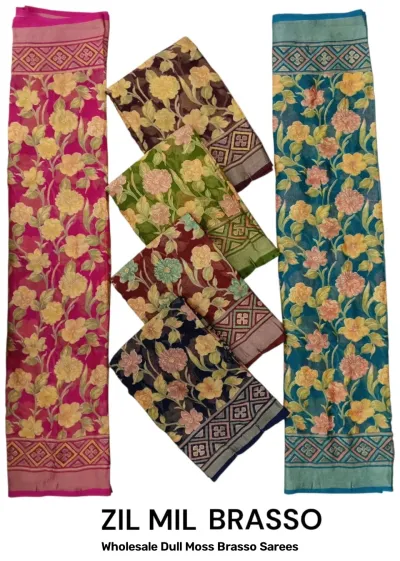 Wholesale Dull Moss Brasso Sarees: Catalog collage showing multi-colored sarees with floral patterns on a grid-like background and borders.