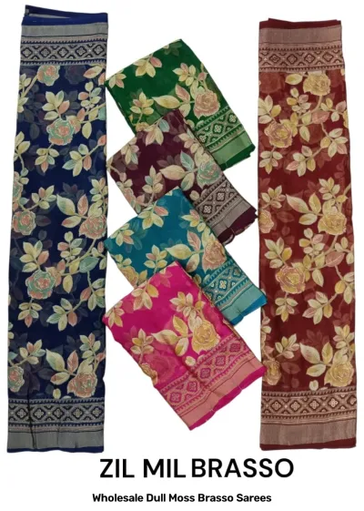 Wholesale Dull Moss Brasso Sarees: Catalog collage showing multi-colored sarees with floral patterns and intricate geometric borders.