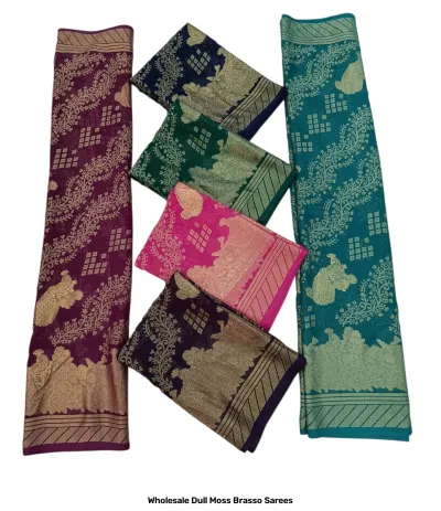 Wholesale Dull Moss Brasso Sarees: Catalog collage showing multi-colored sarees with foliate branch patterns and stylized borders.