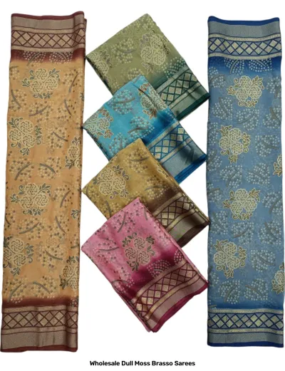 Wholesale Dull Moss Brasso Sarees: Catalog collage showing multi-colored sarees with floral patterns on speckled backgrounds and patterned borders.