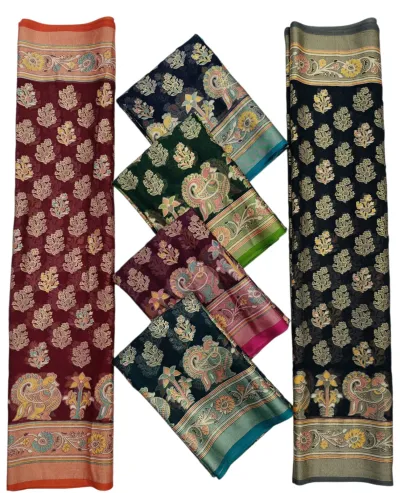 Wholesale Dull Moss Brasso Sarees: Catalog collage showing multi-colored sarees with intricate bird and floral patterns and decorative borders.
