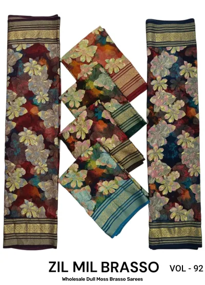 Wholesale Dull Moss Brasso Sarees: Catalog collage showing multi-colored sarees with large floral patterns and ornate gold borders.
