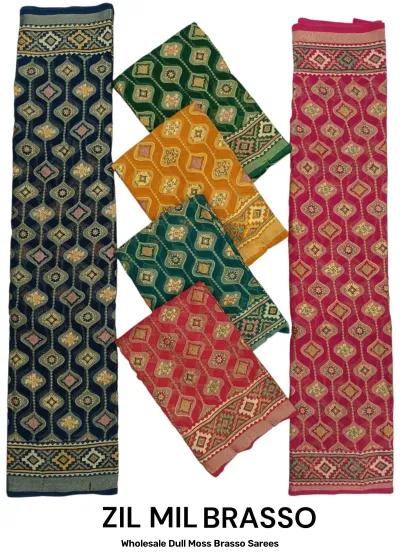 Wholesale Dull Moss Brasso Sarees: Catalog collage showing multi-colored sarees with geometric diamond patterns and traditional borders.