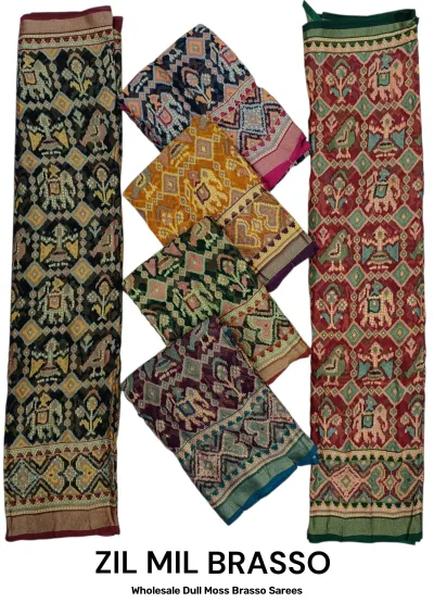 Wholesale Dull Moss Brasso Sarees: Catalog collage showing multi-colored sarees featuring elephant and bird motifs with diamond lattice patterns.