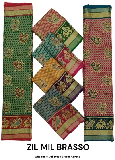 Wholesale Dull Moss Brasso Sarees: Catalog collage showing multi-colored sarees with checkered patterns, bird motifs, and decorative borders.