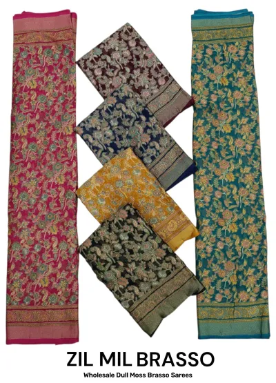 Wholesale Dull Moss Brasso Sarees: Catalog collage showing multi-colored sarees with dense floral prints and detailed zari-style borders.