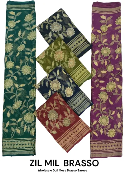 Wholesale Dull Moss Brasso Sarees: Catalog collage showing multi-colored sarees with large floral patterns and intricate woven borders.
