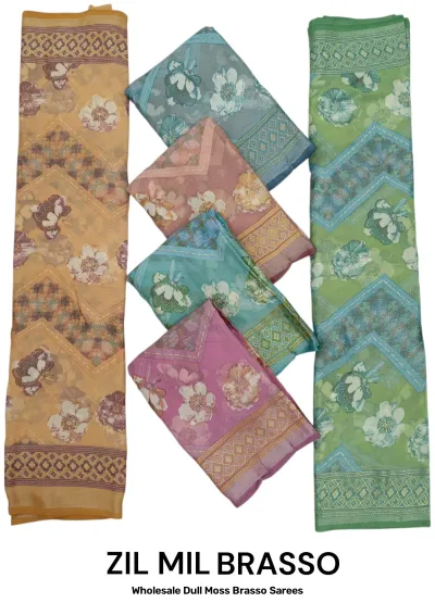 Wholesale Dull Moss Brasso Sarees: Catalog collage showing multi-colored sarees with floral patterns on chevron stripes and patterned borders.