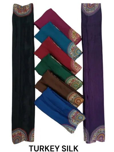 Wholesale Heavy Turkey Silk Sarees: Multicolor, plain saree with circular mandala border patterns in various shades.