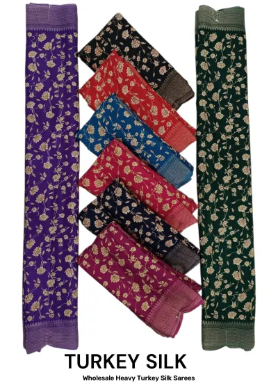Wholesale Heavy Turkey Silk Sarees: Multicolor, printed saree with rose floral pattern and chevron borders.
