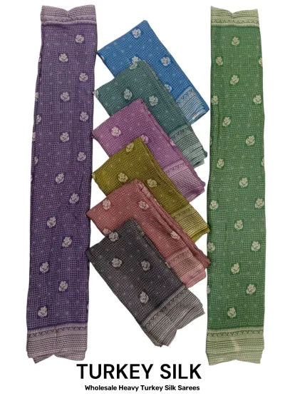 Wholesale Heavy Turkey Silk Sarees: Multicolor, printed saree with floral block print style and grid background.