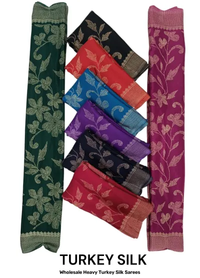 Wholesale Heavy Turkey Silk Sarees: Multicolor, printed saree with large floral vines and textured borders.