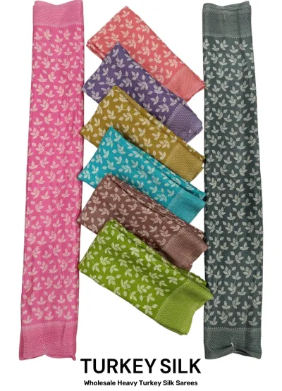 Wholesale Heavy Turkey Silk Sarees: Wholesale Heavy Turkey Silk Sarees: Multicolor, printed saree with dense leaf pattern.
