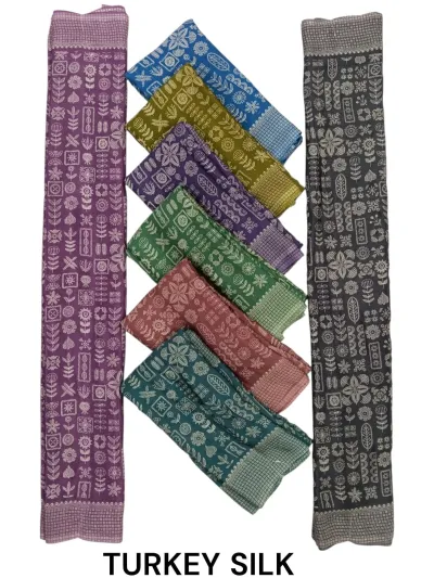 Wholesale Heavy Turkey Silk Sarees: Multicolor, printed saree with repetitive botanical block print motifs.