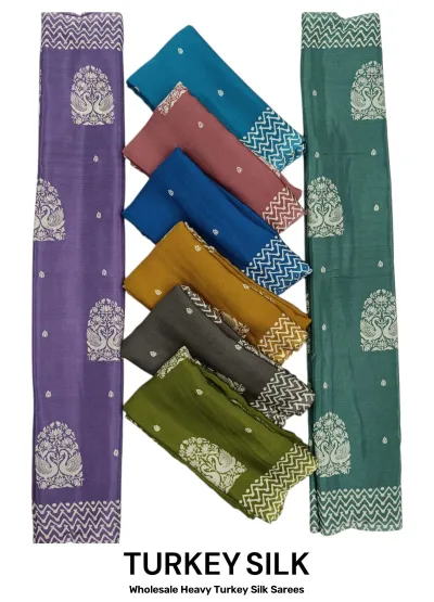 Wholesale Heavy Turkey Silk Sarees: Multicolor, printed saree with peacock and geometric border patterns.