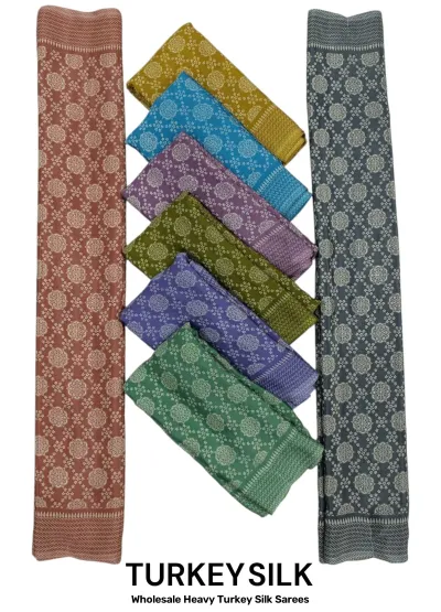 Wholesale Heavy Turkey Silk Sarees: Multicolor, printed saree with repetitive circular motifs and thin borders.