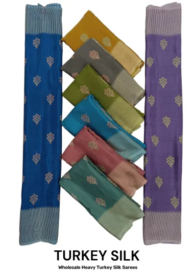 Wholesale Heavy Turkey Silk Sarees: Multicolor, printed saree with small diamond motifs and striped borders.