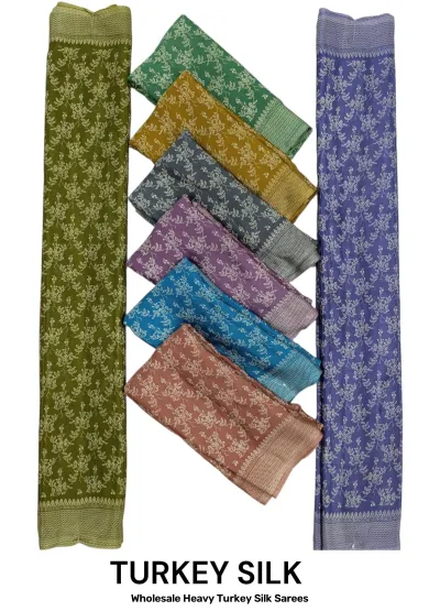 Wholesale Heavy Turkey Silk Sarees: Multicolor, printed saree with floral vine patterns and chevron borders.