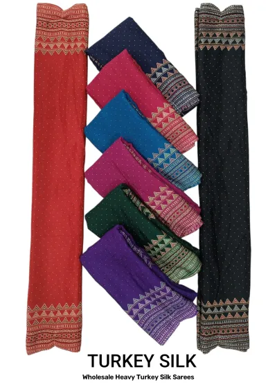 Wholesale Heavy Turkey Silk Sarees: Multicolor, printed saree with small polka dot pattern and geometric borders.