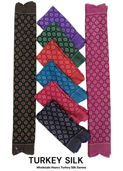 Wholesale Heavy Turkey Silk Sarees: Multicolor, printed saree with small diamond geometric patterns.