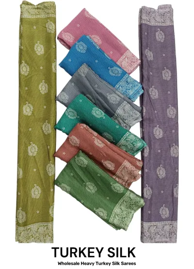 Wholesale Heavy Turkey Silk Sarees: Multicolor, printed saree with paisley motifs and thin striped background.
