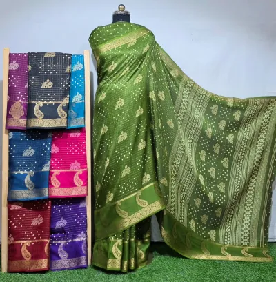Wholesale Marsh Mellow Saree Weaving Satin Jacquard Border Jari Checks olive green satin saree with zari motif work and matching folded sarees on rack.