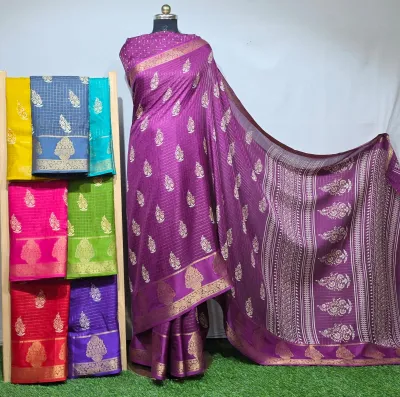 Wholesale Marsh Mellow Saree Weaving Satin Jacquard Border Jari Checks purple satin saree with small floral motifs and zari border with folded sarees on rack.