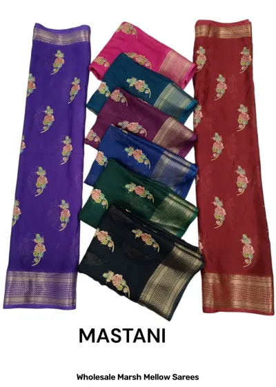 Wholesale Marsh Mellow Sarees: Catalog cover showing multi-colored sarees with embroidered floral vine patterns and zari borders.