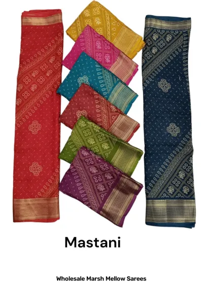 Wholesale Marsh Mellow Sarees: Catalog cover displaying multi-colored sarees with detailed square-based bandhani-style prints and zari borders.