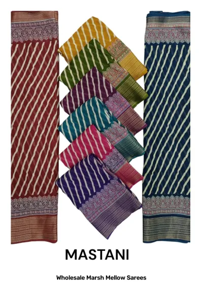 Wholesale Marsh Mellow Sarees: Catalog cover showing multi-colored sarees with diagonal stripe prints and ornate zari borders.
